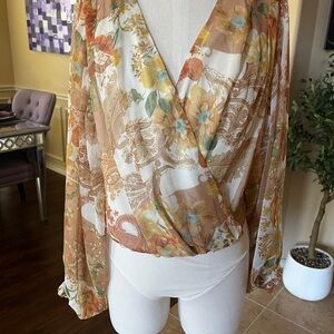 Cream Wrap Blouse with Long Sleeves